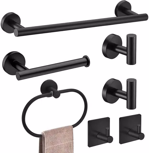 KORVIXA 7-Piece Matte Black Stainless Steel Bathroom Set with Wall-Mounted Towel Rail and Hooks