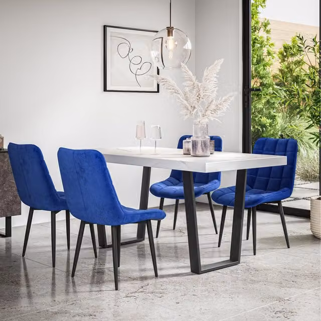 More4Homes Aria Dining Set with Marble Effect Rectangular Table and 6 Blue Nova Velvet Chairs