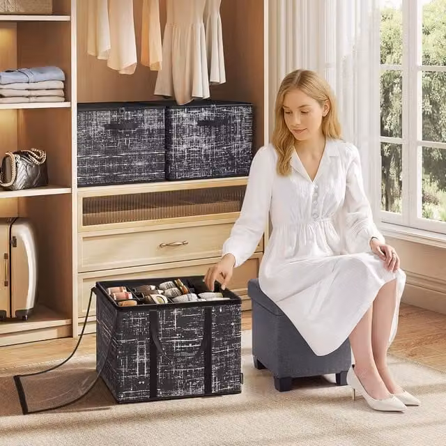 SONGMICS Set of 2 Black and Transparent Fabric and Acrylic Shoe Storage Bins with Lids and Handles
