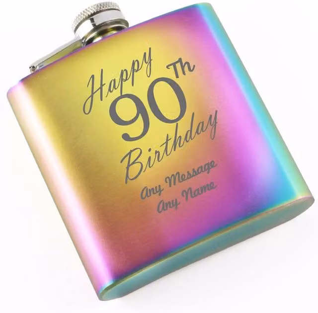 Uniqueful Personalised Happy 90th Birthday Engraved Rainbow Stainless Steel Hip Flask, 6oz