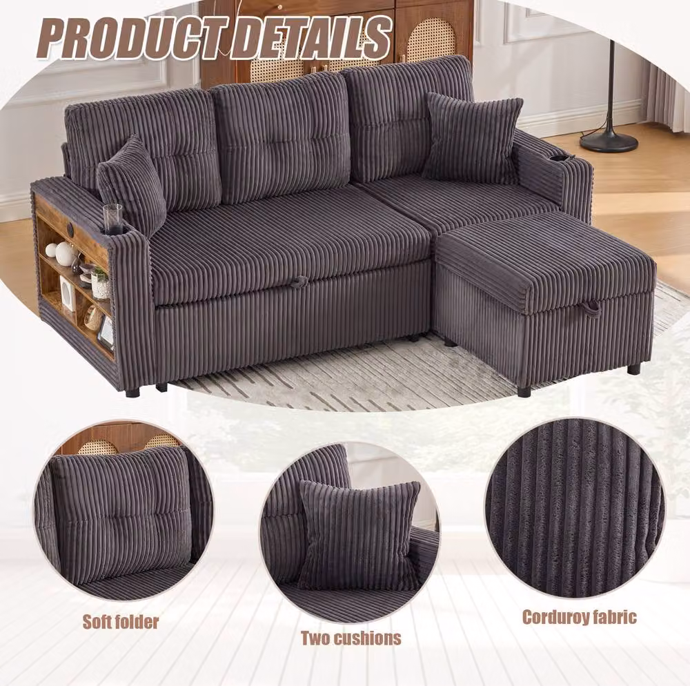 STILVORA Corduroy Sofa Bed with Storage, USB Charging and LED Lighting in Dark Grey, W/D/H: 196 x 85 x 82 cm – 6