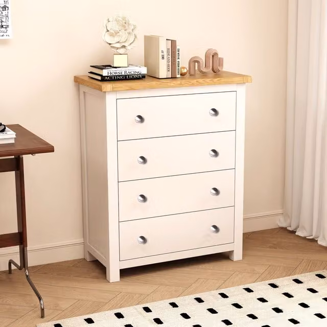 Cabinet Bits Maggiori 4 Drawer Petite Chest of Drawers in White Lacquered Pine with Chrome Knobs