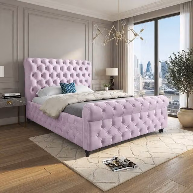 Casani Steventon Sleigh Upholstered Pink Velvet Designer Bed Frame, W/D/H: 159 x 180 x 119 cm – 1
