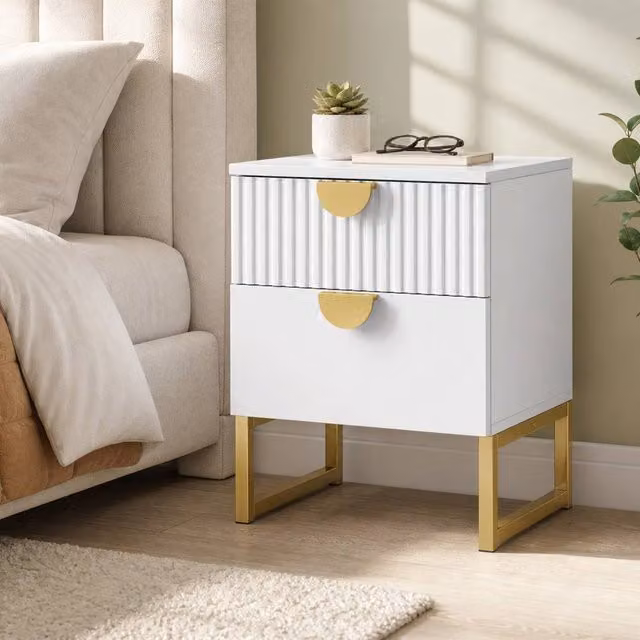 STILVORA Modern Bedside Table with 2 Drawers in White and Gold