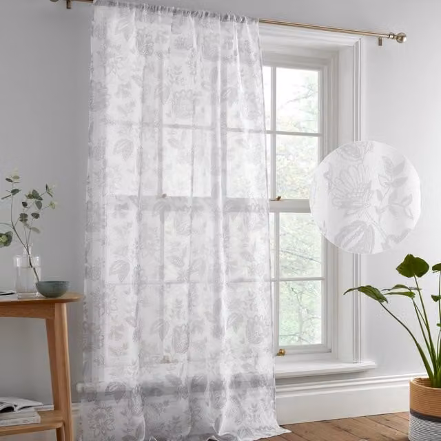 Dreams & Drapes Floral Print Voile Curtain Panel in Grey and White, Width: 140 cm, Drop: 137 cm
