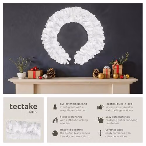 tectake Christmas Garland in White and Green with Lifelike Leaves and Hanging Loop – 2