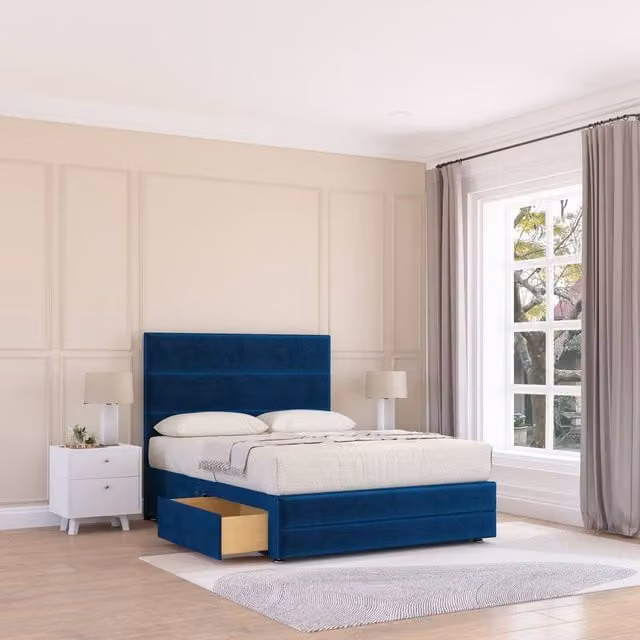 Sloomy Monaco Upholstered Velvet Bed Frame with Floor Standing Headboard in Blue, Size: 120 x 200 cm