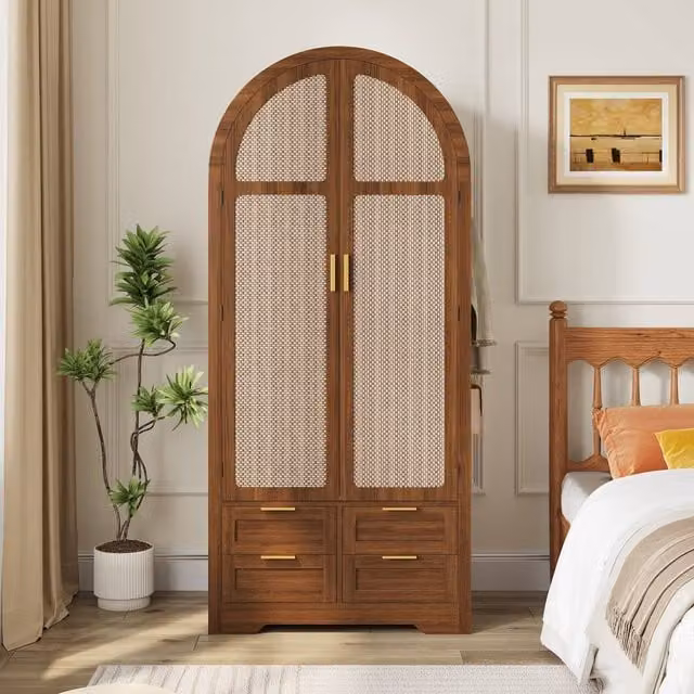 Merax Modern Walnut Double Wardrobe with Rattan Details, Internal Drawers and Hanging Rail, H 180 cm x W 100 cm x D 50 cm