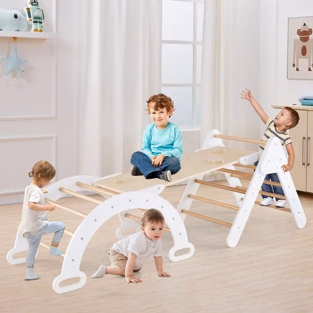 Costway Modular 3-in-1 Kids Wood Climbing Frame with Slide in White