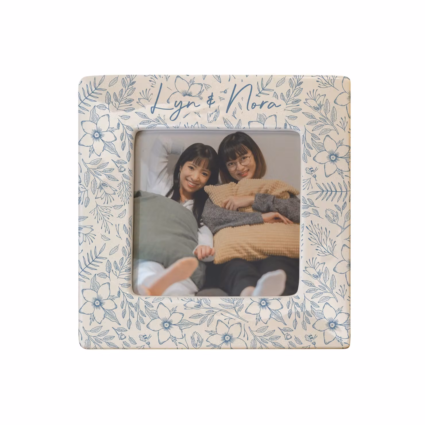 Personalised Memento Company Blue Floral Ceramic Square Tabletop Photo Frame in Beige, W/D/H: 10.16 x 10.16 x 10.16 cm – 3