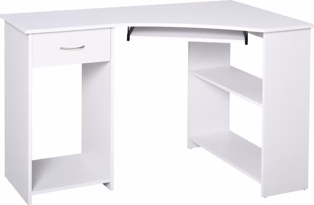 HOMCOM L-Shaped Corner Computer Desk with 2 Shelves, Keyboard Tray and CPU Stand in White – 1