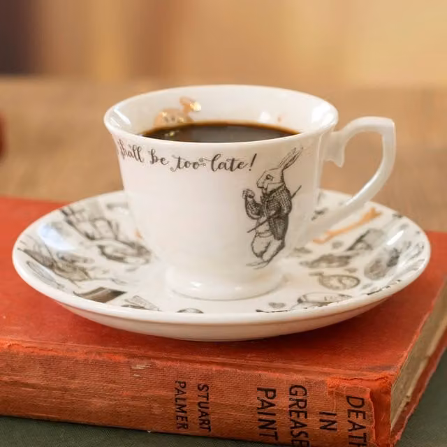 Victoria And Albert Alice In Wonderland Espresso Cup and Saucer in White, Black and Gold Bone China
