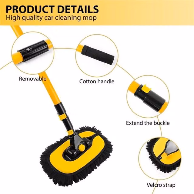 EONLION Yellow Microfibre Car Wash Brush Mop with Telescopic Handle, Length: 100 cm