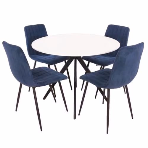 Core Products Aspen 5-Piece Dining Set with Round White Wood Table and 4 Blue Fabric Upholstered Chairs