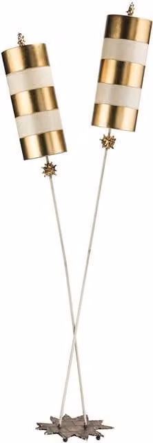 Loops Twin Bulb Floor Lamp with Star Shaped Gold Base and Taupe Striped Fabric Shades, E27 60W LED Compatible