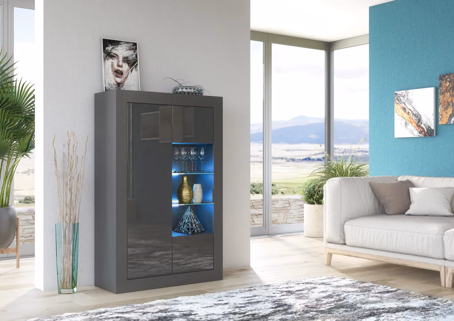 Creative Furniture Arcadia Modern Glossy Grey Display Cabinet with Glass Doors and Integrated Lighting W: 140 cm, H: 93 cm, D: 35 cm – 2