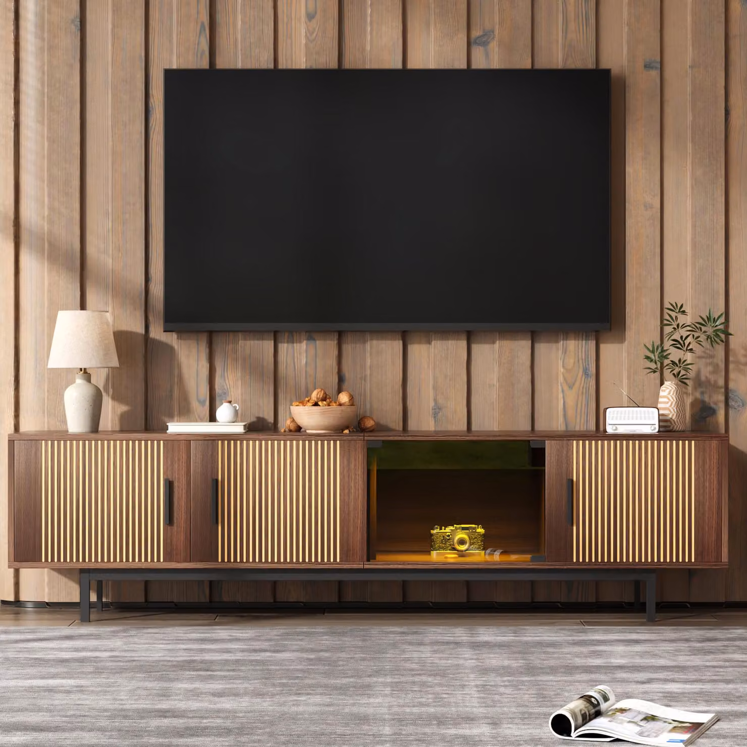 Aosom UK Modern TV Cabinet Lowboard with Carved Texture and Tempered Glass Doors in Wood, MDF and Metal, W: 200 cm, D: 35 cm, H: 53 cm – 3