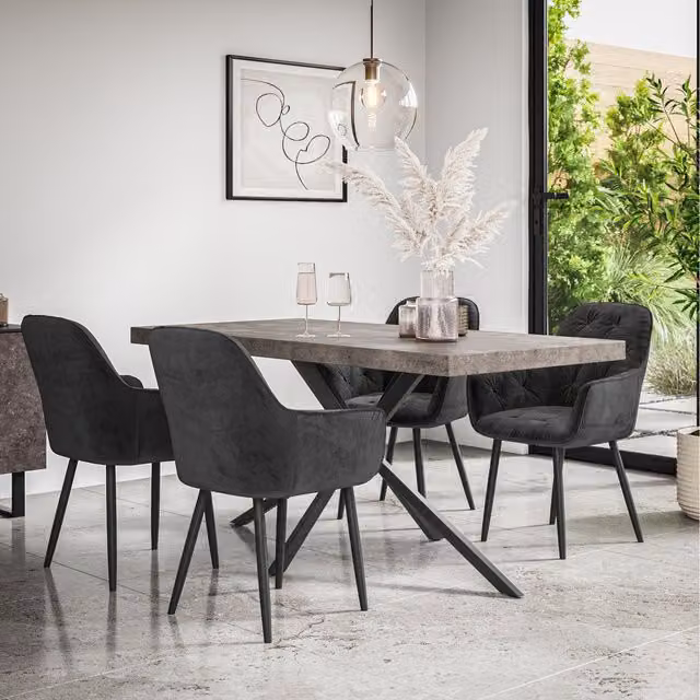 More4Homes Donni Dining Table and 6 Anika Velvet Chairs in Black with Concrete Effect Finish