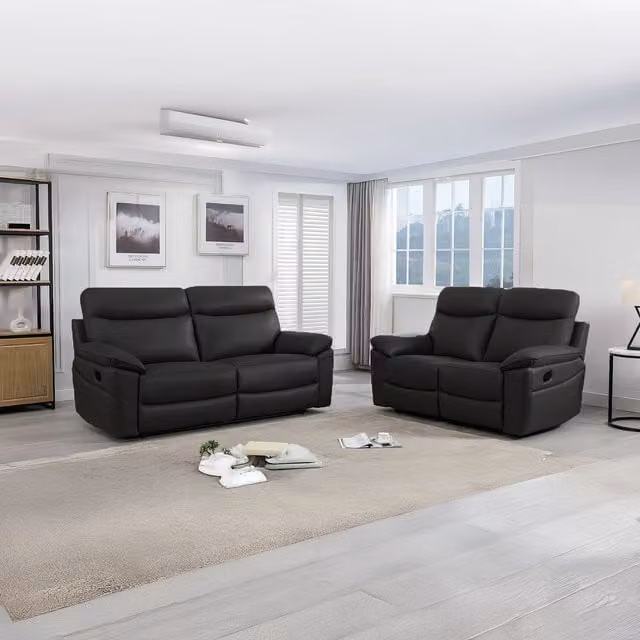Furnishings For Less UK Austin Genuine Leather Manual Reclining Sofa Suite in Black