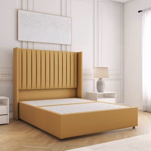 BSSPOKE Manhattan Single Divan Bed with 54 inch Plush Velvet Headboard in Mustard Yellow