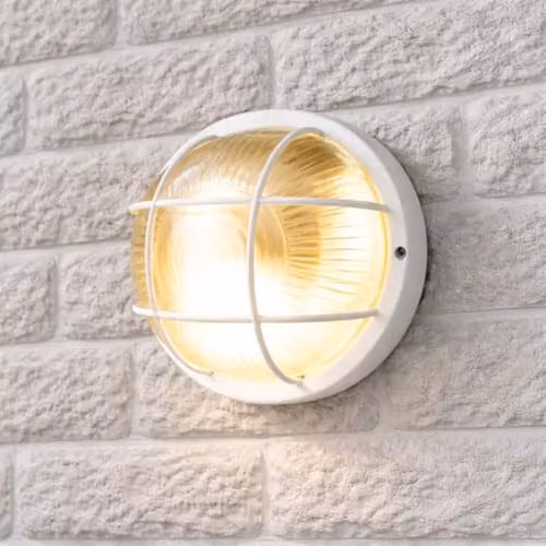 CGC Lighting Ronnie White Cage Round Bulkhead Wall and Ceiling Light with Glass and Plastic, IP44 Weatherproof for Garden and Indoor Use – 1