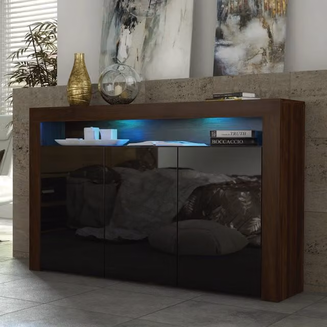 Creative Furniture Aether Modern Sideboard in Walnut and Black with Integrated Lighting, Width: 155 cm