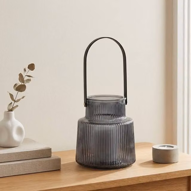 Garden Greatness Contemporary Grey Ribbed Glass Lantern H 28.0 cm x W 28.0 cm x D 13.0 cm