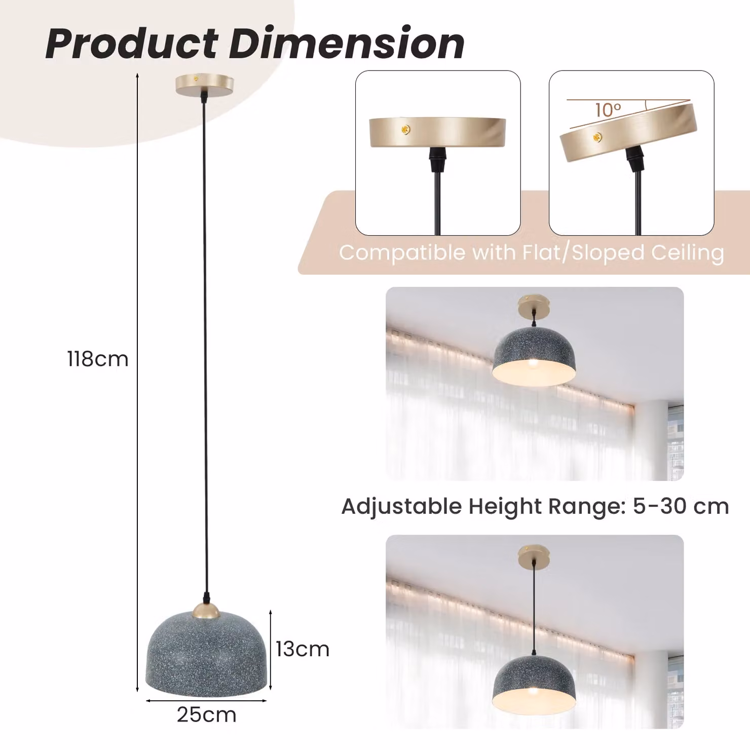Costway Grey Modern Dome Pendant Light with Adjustable Hanging Cable and E27 Base – 2