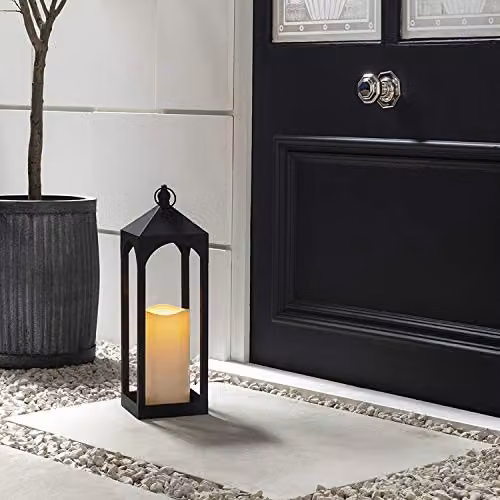 Lights4fun Extra-Large Black Metal Outdoor LED Candle Lantern with Flickering Warm White TruGlow, Timer and Weatherproof Design, H 50.5 cm x W 16 cm x D 16 cm – 3