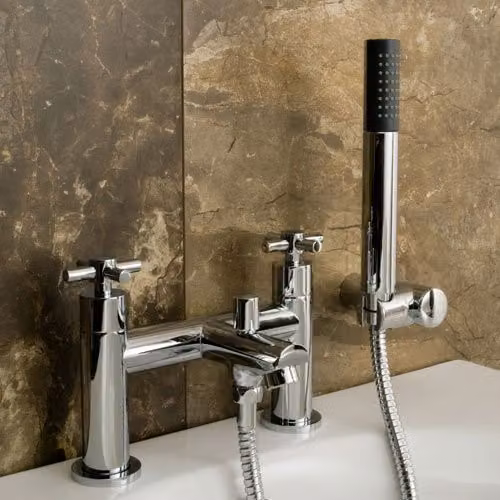 Nes Home Crox Modern Chrome Deck Mounted Cross Head Bath Shower Mixer Tap with Handset Kit in Metallic Silver – 2