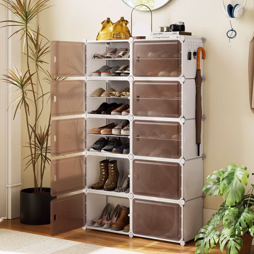 Gymax 10-Tier White Plastic Shoe Cabinet with Hinged Doors and Removable Shelves, Holds 40 Pairs, H 155.0 cm x W 95.0 cm x D 40.0 cm – 5