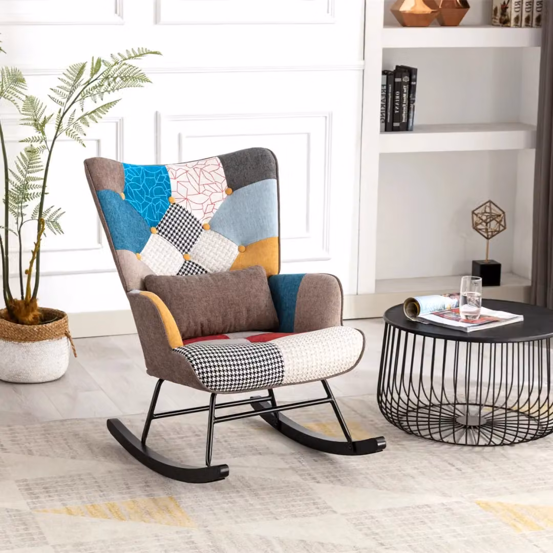 HomeMiYN Patchwork Fabric Rocking Chair with Brown Cushion and Armrests – 6
