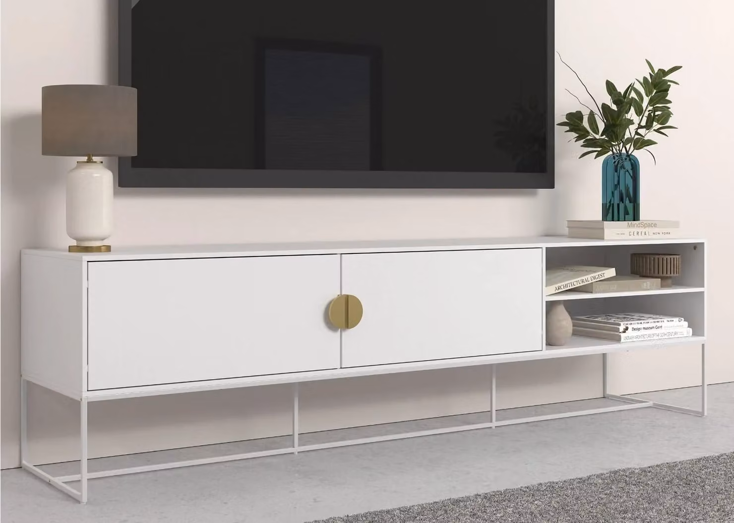 Asia Modern White and Gold Lowboard TV Stand with Metal Details W: 180 cm, D: 40 cm, H: 50 cm