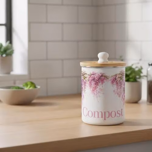 Purely Home Pink Wisteria Compost Caddy - Metal and Enamel Kitchen Food Waste Bin with Removable Inner Bucket and Odour Filter, 2L – 2