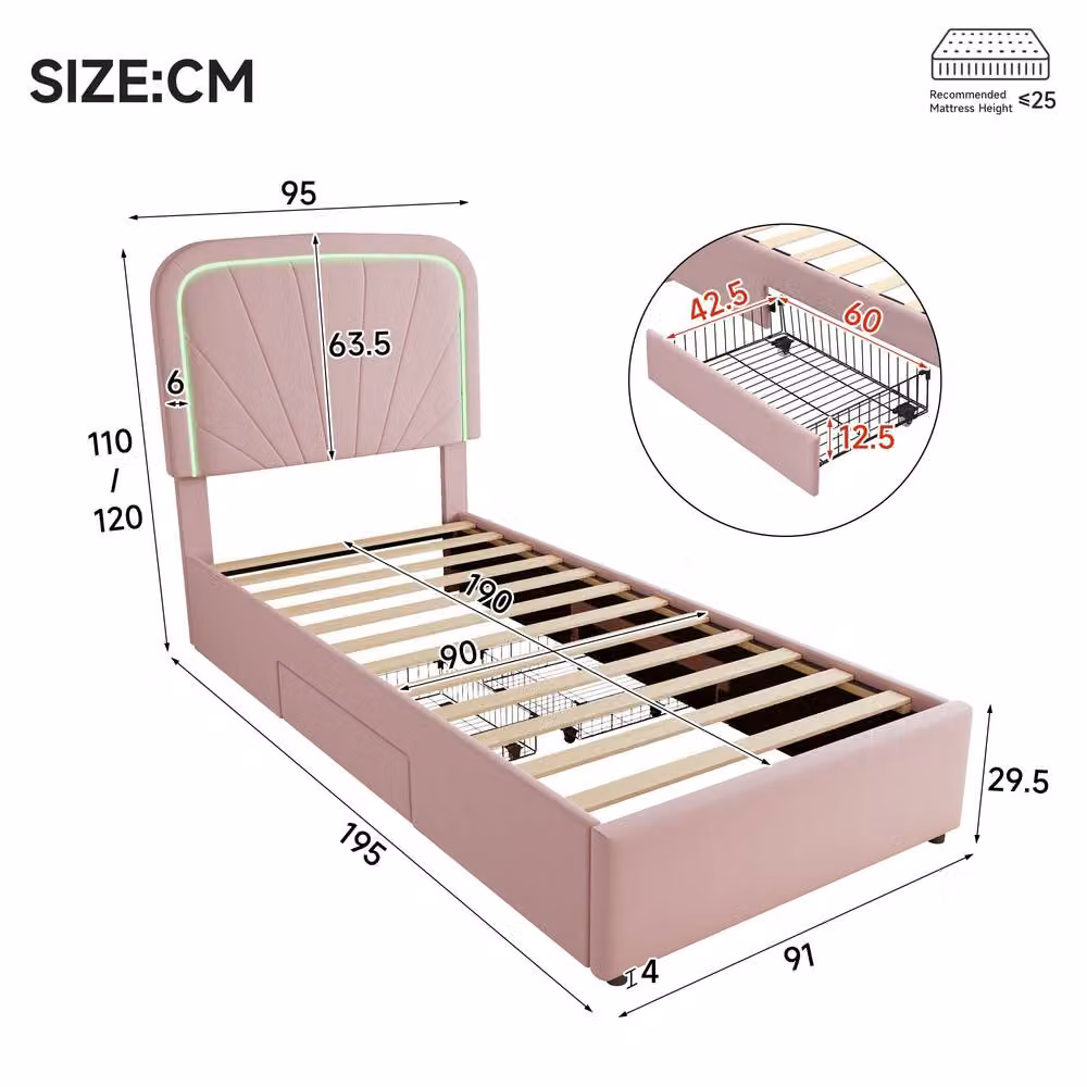 Merax Single Velvet Upholstered Bed Frame with LED Lighting and Drawers, Pink, W/D/H: 90 x 190 cm – 2