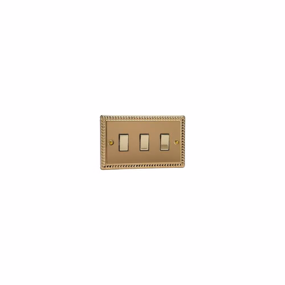 Varilight Classic Georgian Brass Two-Way Triple Light Switch Plate in Gold and Yellow – 5