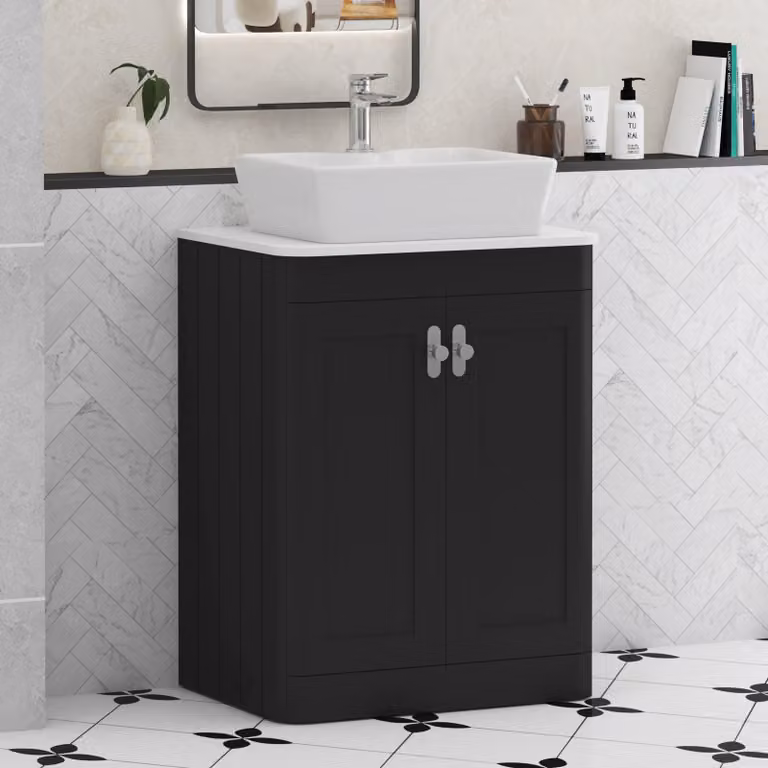 Royal Bathrooms Henley 600mm Matt Nocturne Black Floor Standing 2 Door Vanity Unit with Plain White Worktop, Cube Basin and Chrome Knob