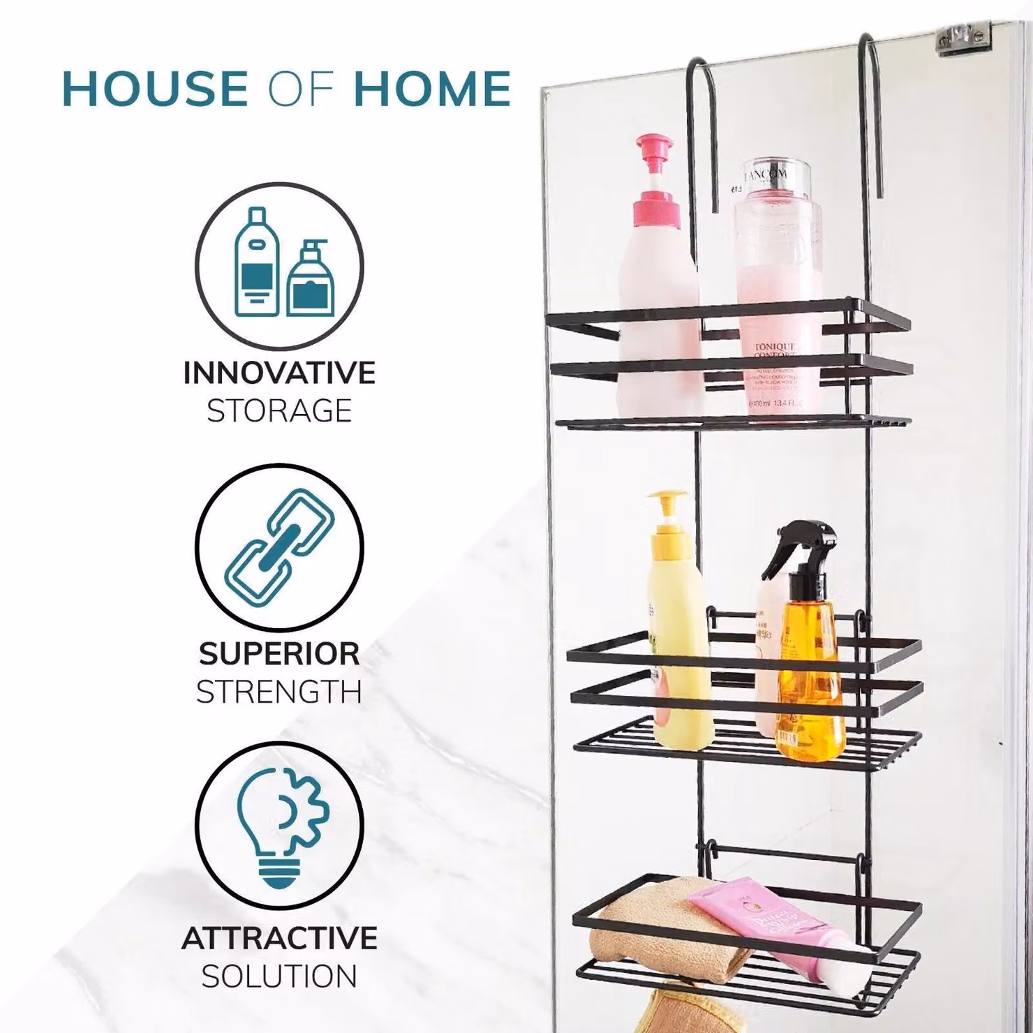 House of Home 3 Tier Black Metal Hanging Shower Caddy and Over The Door Bathroom Storage Organiser – 2