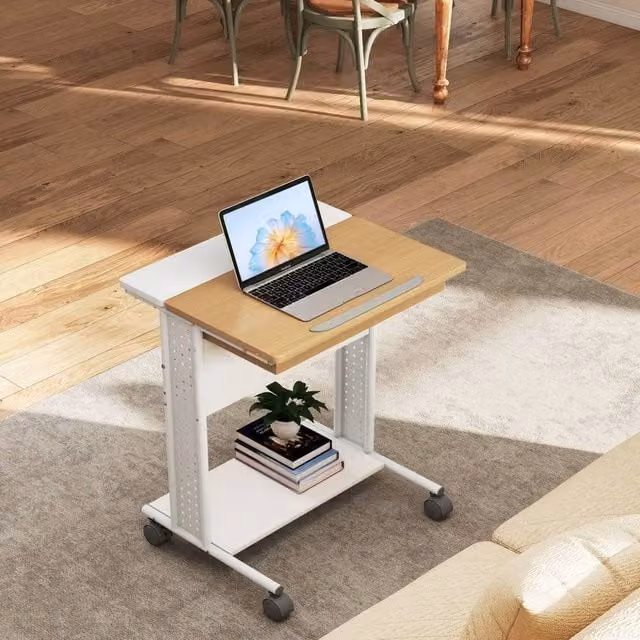 Kelvenix C-Shaped Rolling Computer Desk in White with Tilting Top and Castors