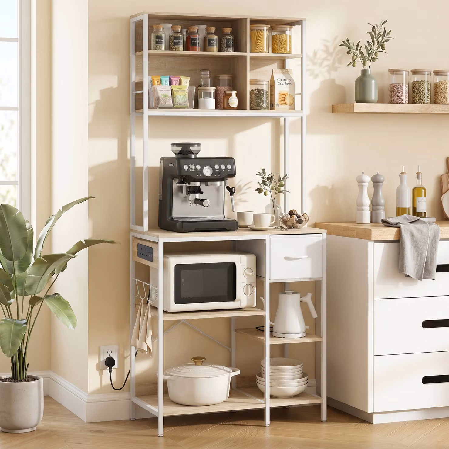 HOMCOM Kitchen Baker's Rack and Microwave Stand with Storage Shelves and 6 Hooks, White – 2