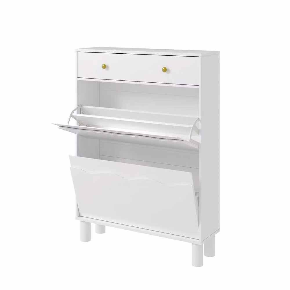 KEEPREAPER Modern White Shoe Cabinet with 2 Tilting Compartments and 1 Pull-Out Drawer – 2