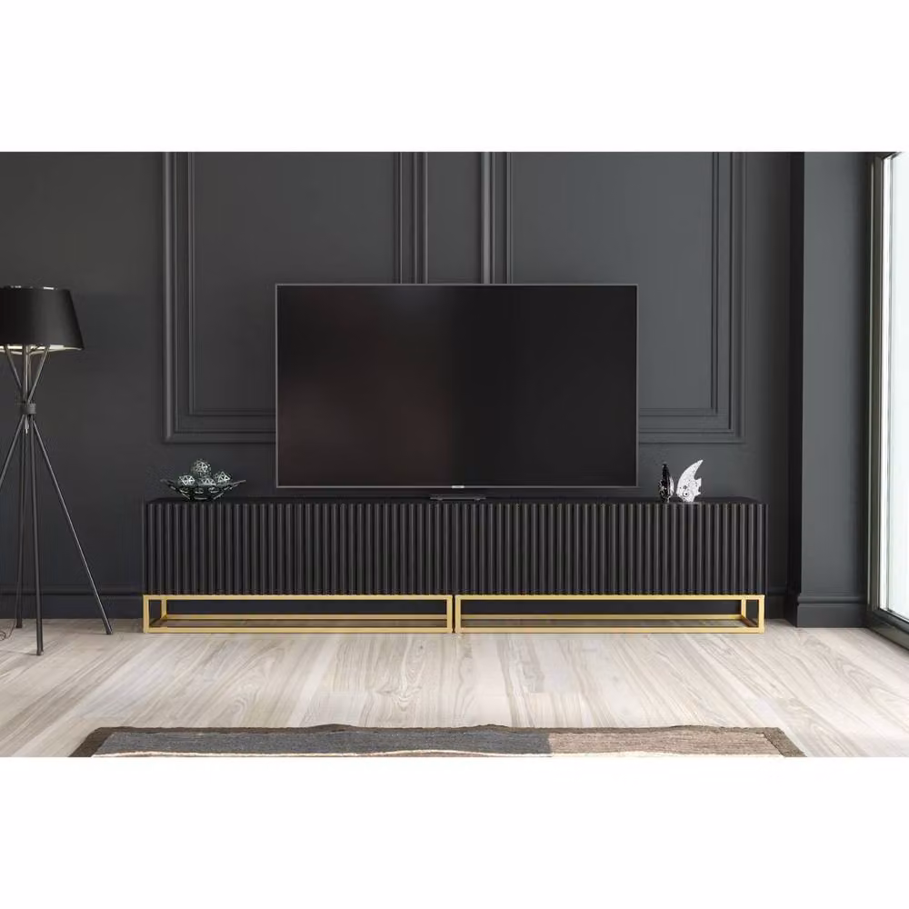 Mex Furniture LTD Ripple Duo TV Unit in Black with Gold Fluted Doors, W: 200 cm, D: 45 cm, H: 35 cm – 2