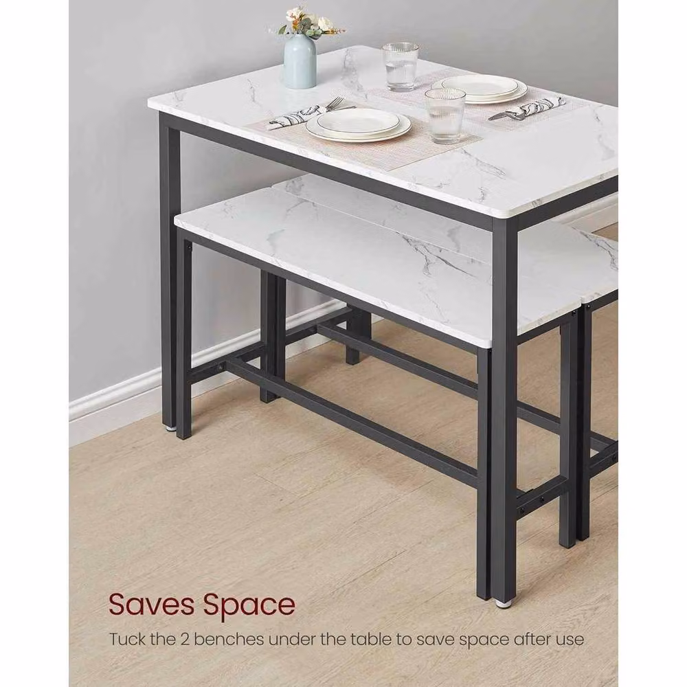The Bazaarist 3 Piece Industrial Dining Table and Bench Set for 4, White and Black Marble Effect – 4