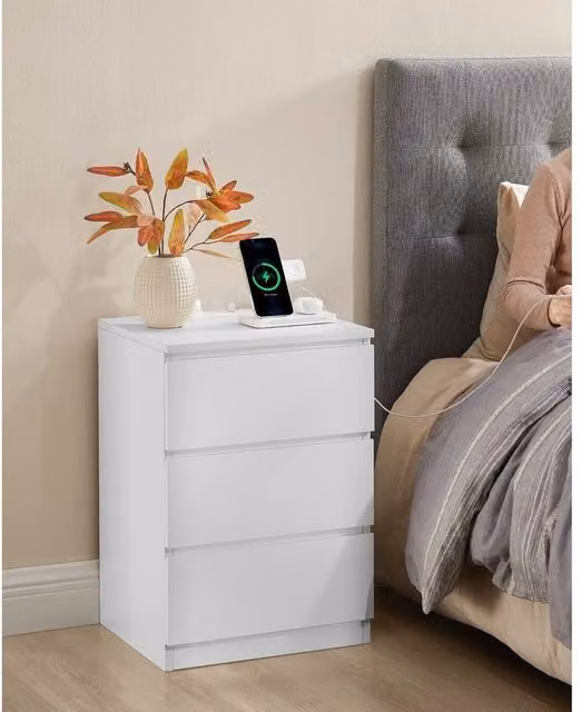 EONLION White Bedside Table with Charging Station and Media Compartments