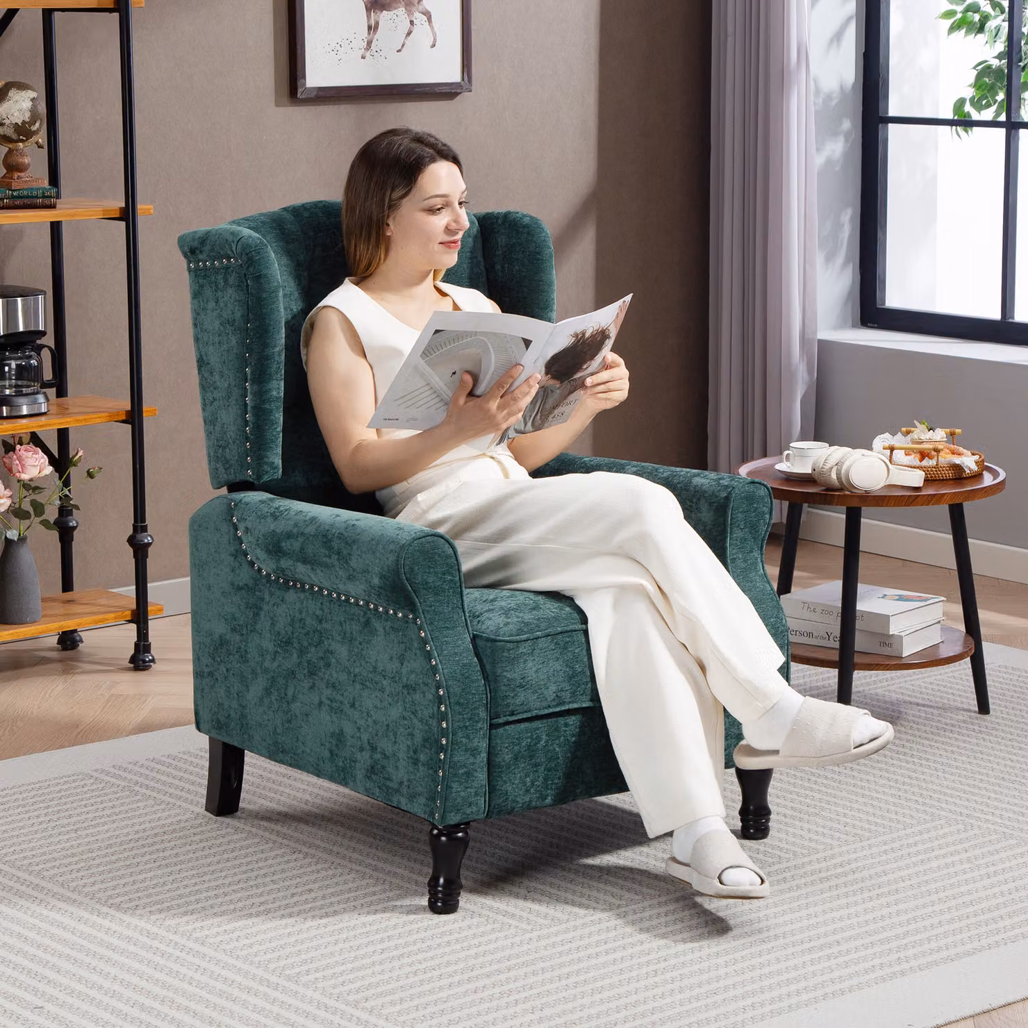 HOMCOM Vintage Velvet Reclining Armchair with Integrated Footrest in Dark Green – 2