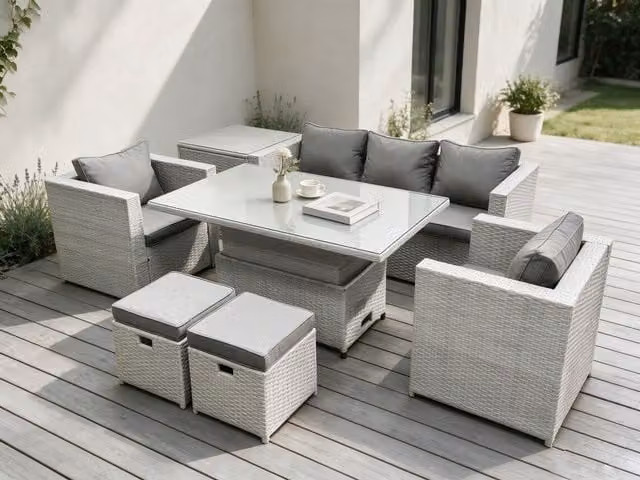 Fimous Rattan Garden Furniture Set with Height Adjustable Dining Table and 2 Armchairs in Light Grey – 1