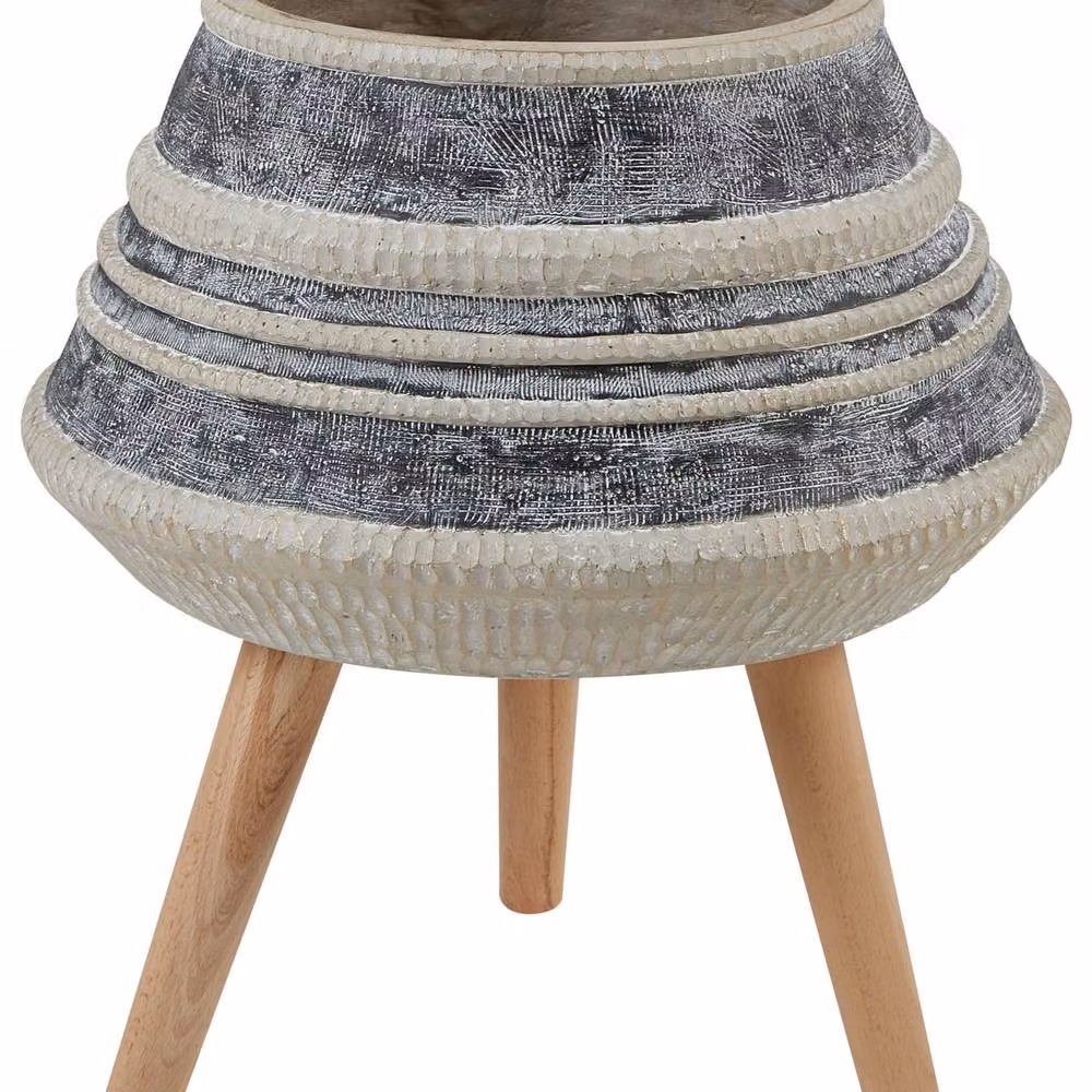 Wyld and Coco Evergreen Hand Painted Fibre Clay Plant Stand in Beige and Grey, Round, H 37 cm x W 54 cm x D 37 cm – 2