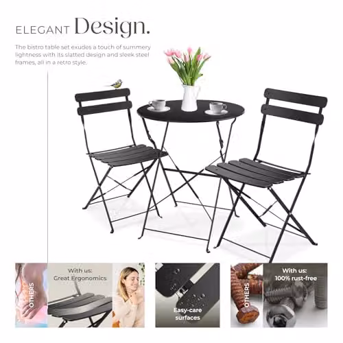 tectake Bistro Set with 1 Garden Table and 2 Chairs in Black Metal – 3