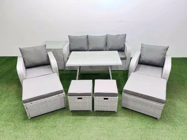 Fimous 9-Seater Patio Sofa Set with Rectangular Table and Side Table in Light Grey