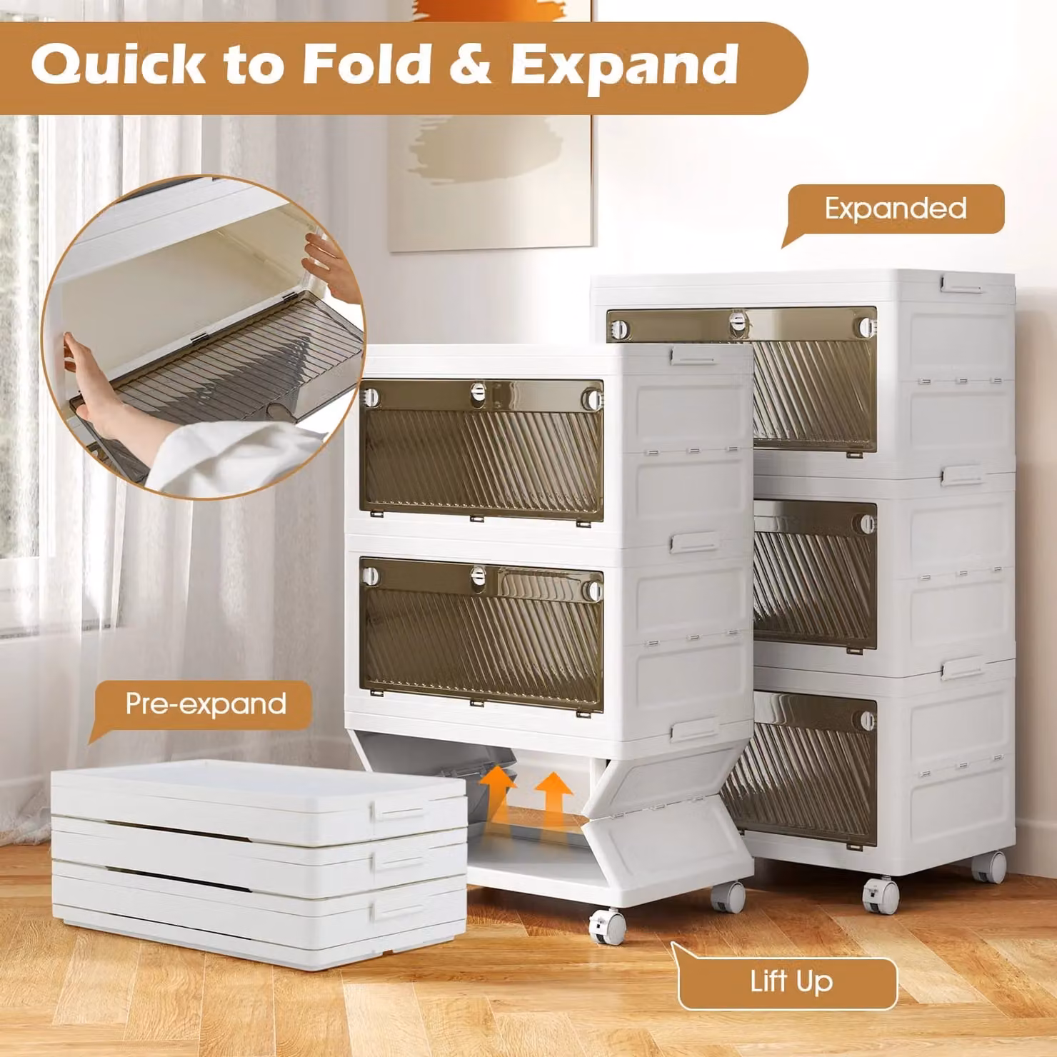 Costway 3-Tier Stackable and Collapsible Storage Bins in White – 2
